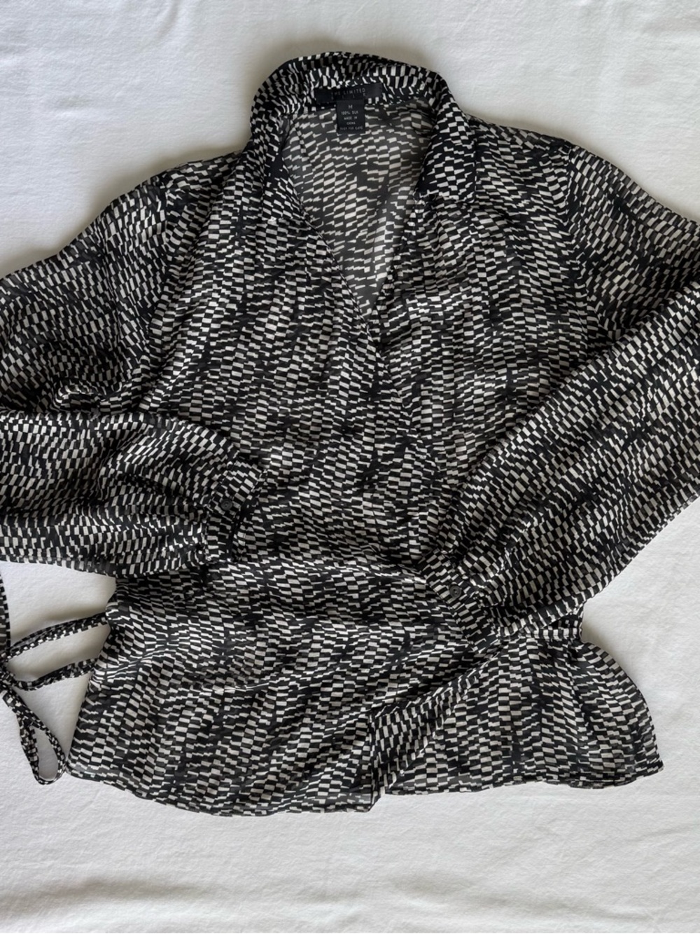 The Limited 100% Silk Wrap Blouse Size M Black White Geometric Print Long Sleeve
